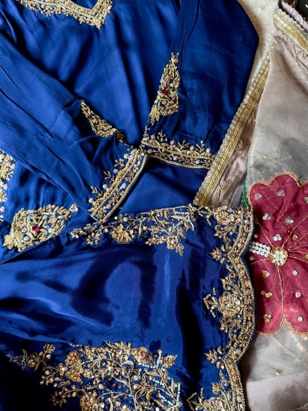 Pakistani Custom Made Maria Sajjad Navy Blue Formal Dress with Gold Accents